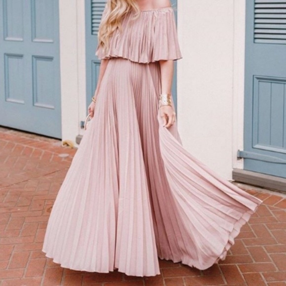 The Clothing Company Maxi Dress L Pink Off Shoulder Pleated Gala Glam Romantic